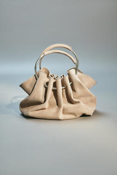 Zara RIGID HANDLE SPLIT LEATHER BUCKET BAG - SAND/BROWN