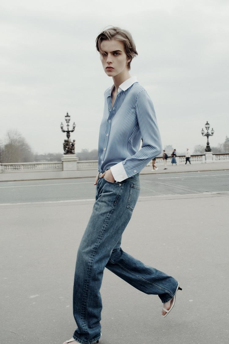 ZW COLLECTION STRIPED SILK SHIRT Blue/White ZARA Australia