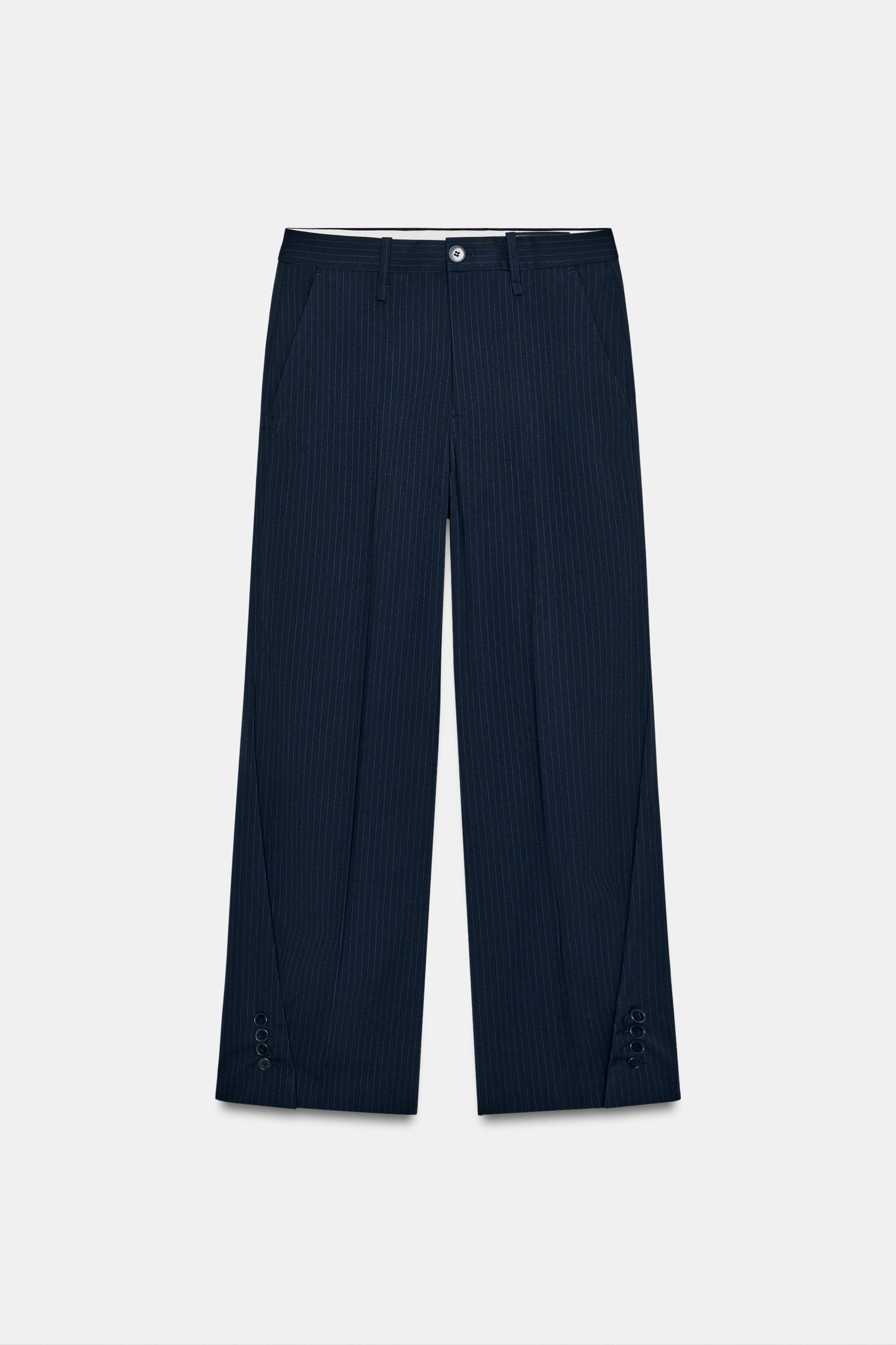 STRIPED PANTS WITH BUTTON HEM ZW COLLECTION - Navy blue | ZARA