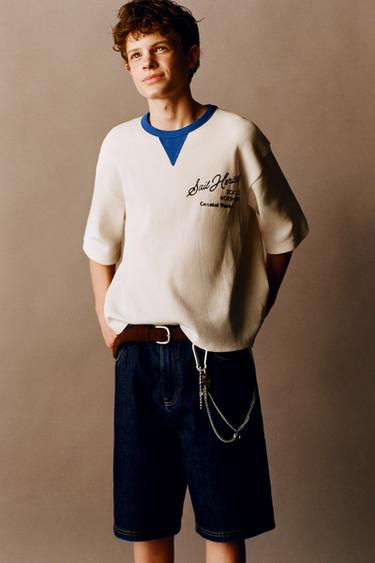 T-SHIRT WAFFLE CONTRASTE - Écru / Bleu de Zara