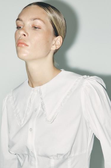 Zara LACE PETER PAN COLLAR POPLIN SHIRT - White