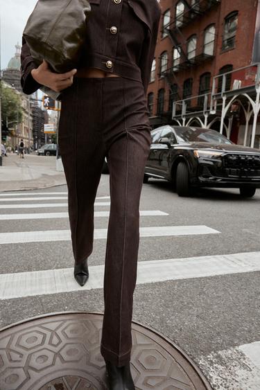 CONTRAST STITCH SEAM DETAIL FLARE TROUSERS - Brown by Zara - Image 1