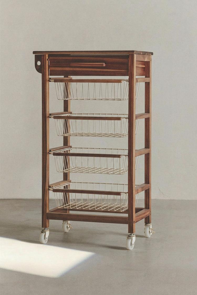 WOOD AND METAL STORAGE UNIT WITH WHEELS — Light beige