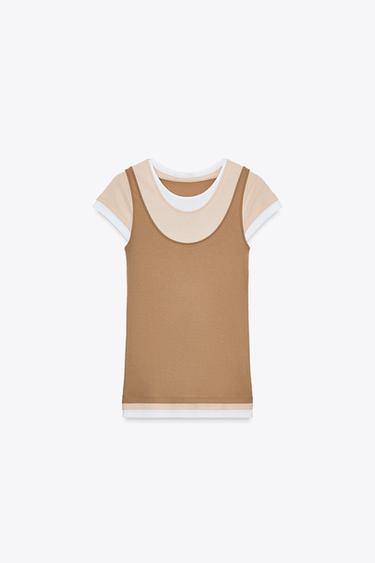 CONTRAST LAYERED T-SHIRT - Light brown by Zara - Image 4