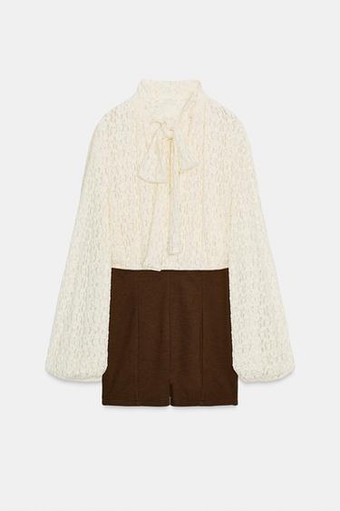 Zara 拼接連身短褲附蝴蝶結 - 裸色 / 棕色