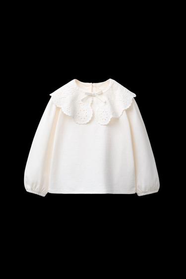 T-SHIRT WITH EMBROIDERED COLLAR - Ecru by Zara - Image 0