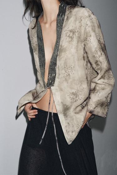 KIMONO EN ORGANZA IMPRIMÉ FANTAISIE - Gris taupe de Zara - Image 3