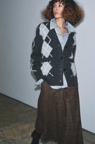 100% WOOL ARGYLE CARDIGAN - Grey / Blue by Zara