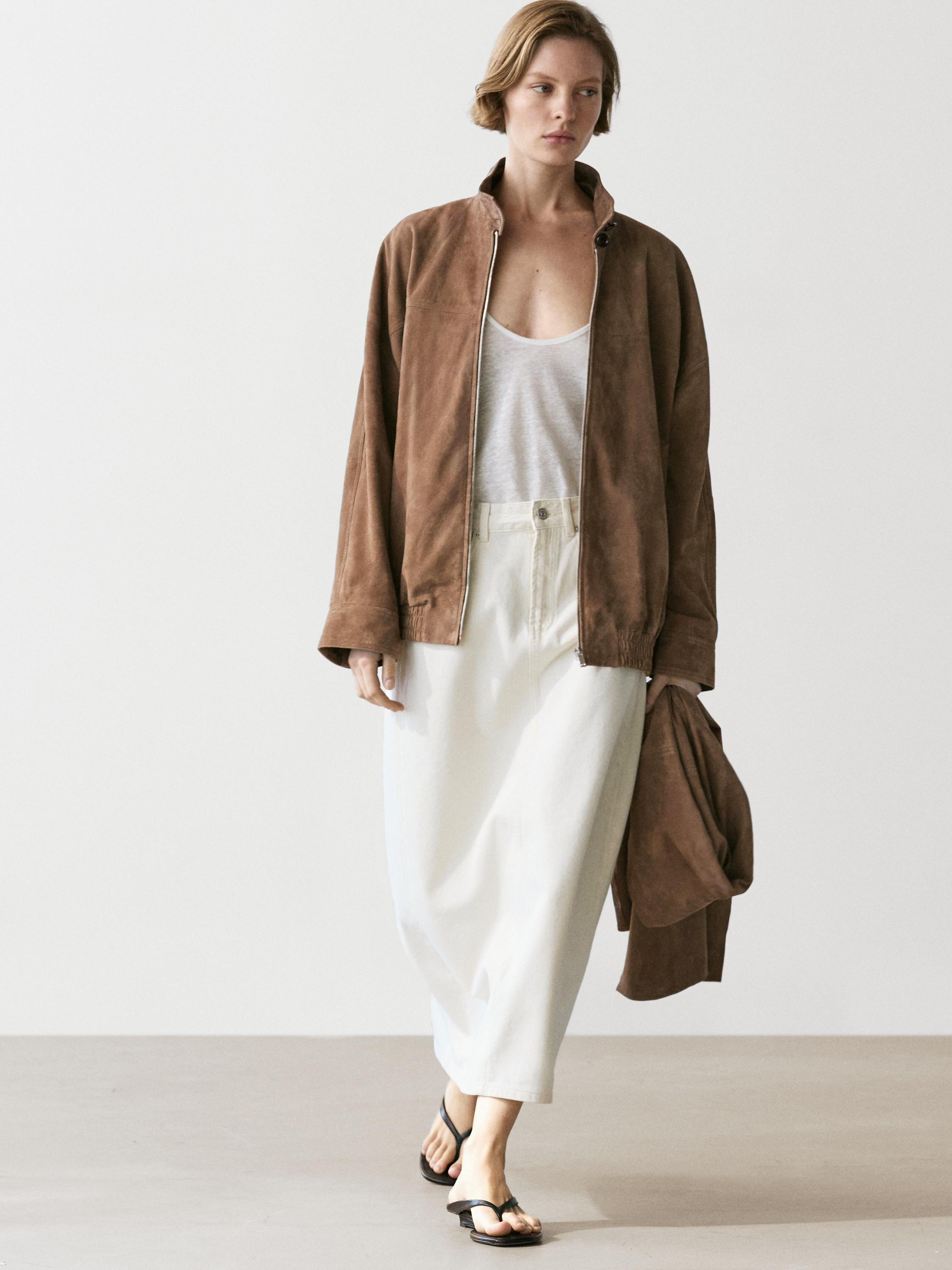 Blouson bomber en cuir et daim, détail écharpe