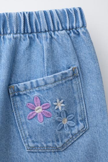 WIDE-LEG JEANS WITH EMBROIDERED FLOWERS - Blue by Zara - Image 3