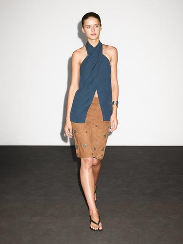 Zara Suede leather skirt with rhinestone detail - Dark mink - Image 0