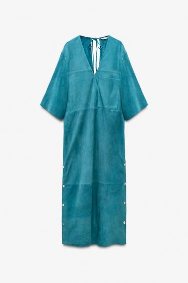 LIMITED EDITION SUEDE LEATHER KAFTAN DRESS - Duck blue by Zara