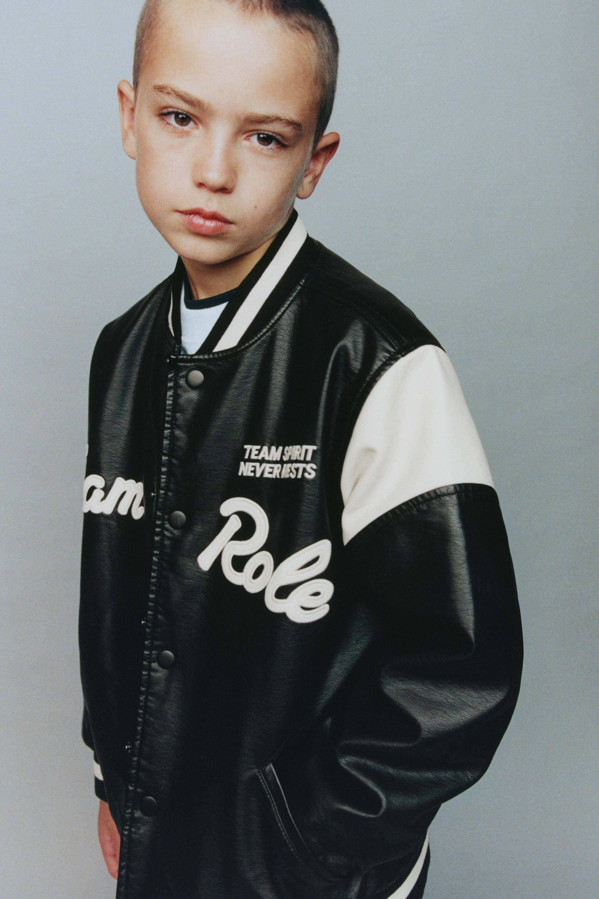 FAUX LEATHER BOMBER JACKET WITH EMBROIDERED TEXT