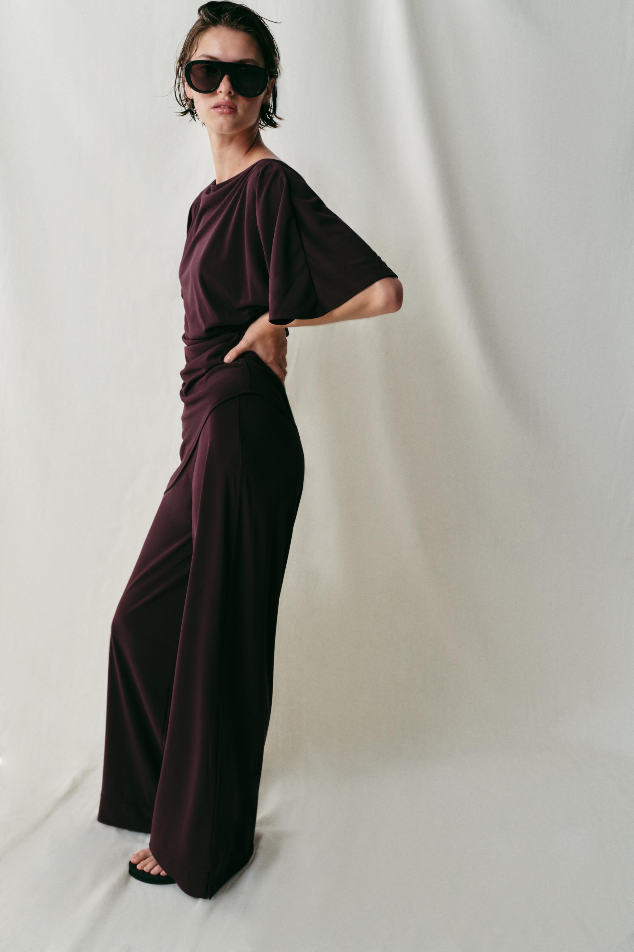 STRAIGHT LEG CREPE PANTS WITH OPENINGS — Wine