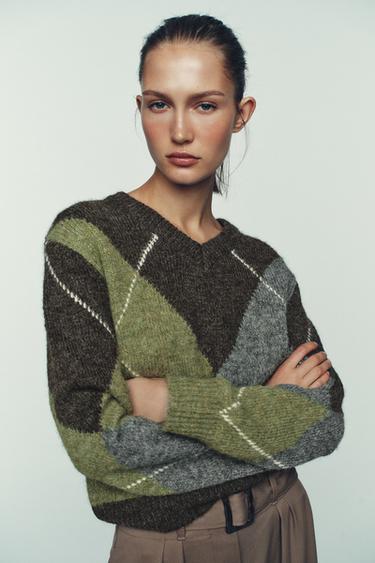 PULLOVER IN MAGLIA A ROMBI - Marrone / Verde di Zara
