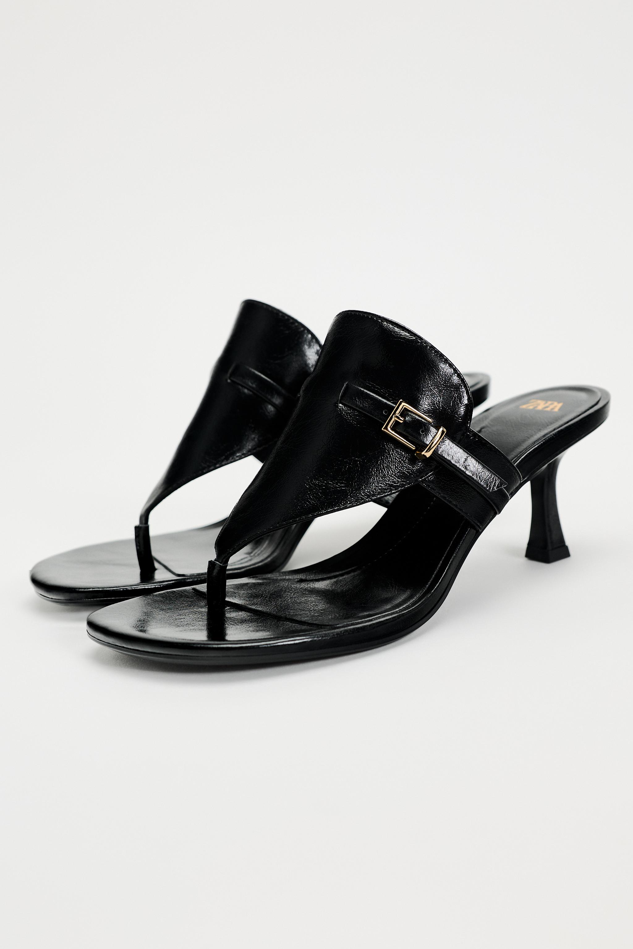 Black Patent Sandals - Kitten Heel Sandals - Black Thong Sandals