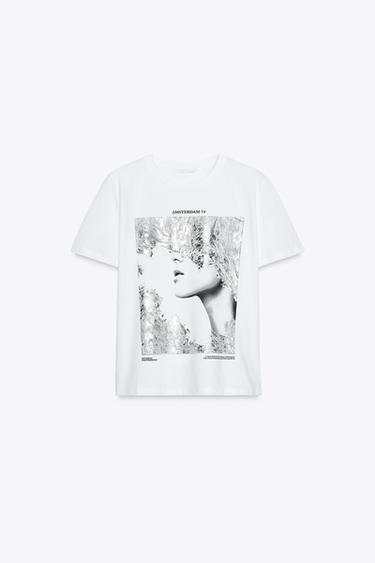 Zara METALLIC PRINT T-SHIRT - Silver