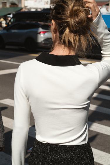 TOP POLO INTERLOCK CONTRASTÉ - Blanc cassé de Zara
