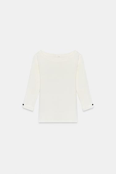 RIBBED T-SHIRT WITH BUTTON - White by Zara