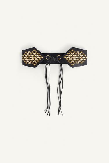 Zara LIMITED EDITION STUDDED LEATHER SASH BELT - Black