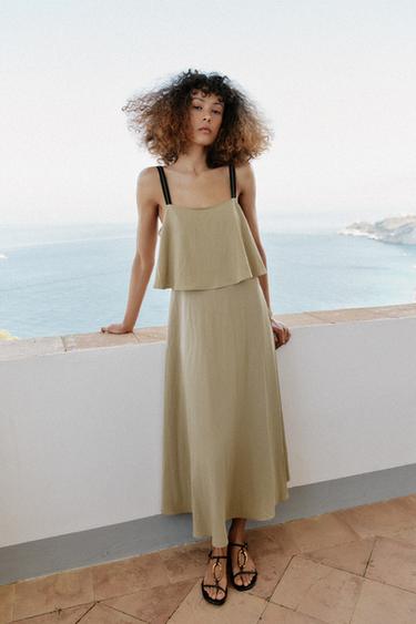 DOUBLE-LAYER STRAPPY MIDI DRESS - Brown / Taupe by Zara
