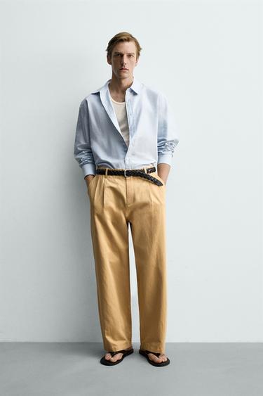 CALÇA CHINO RETA DE ALGODÃO E LINHO - Bege da Zara