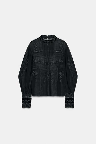 ZW COLLECTION VELVET LACE BLOUSE - Black by Zara
