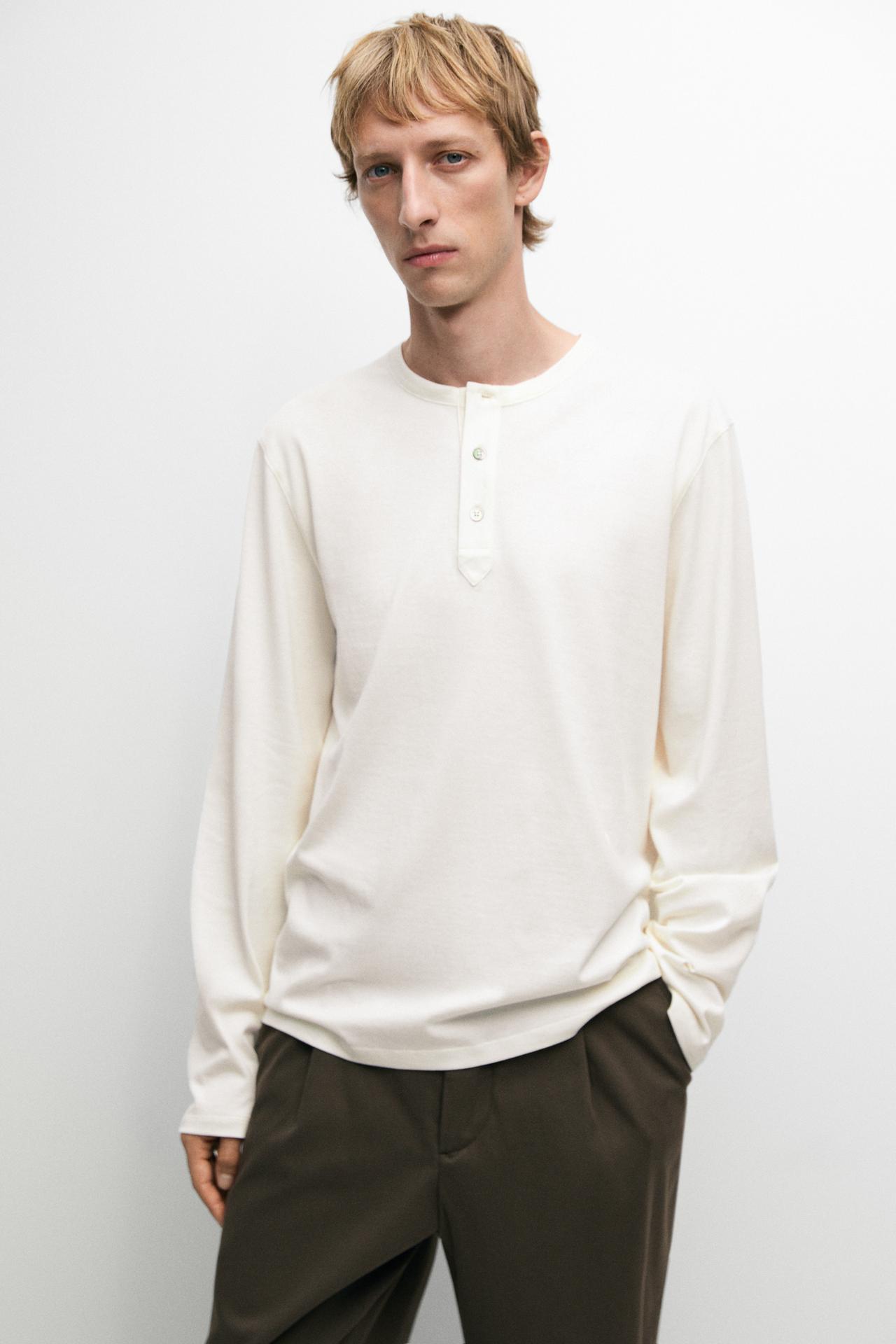 100% lightweight cotton henley T-shirt — Oyster-white