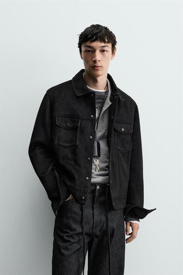 레귤러 핏 페이크 스웨이드 점퍼 - Zara 블랙