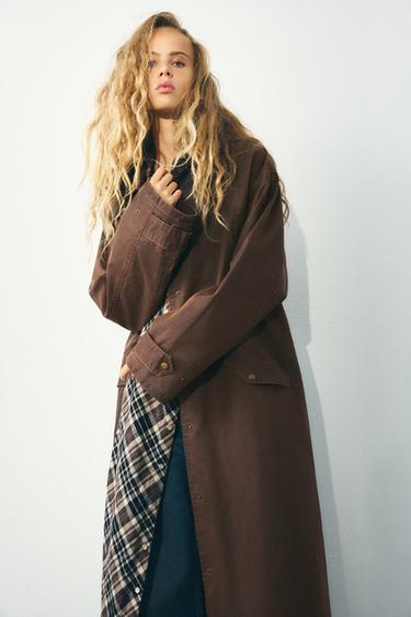 Zara WAXED CORDUROY COLLAR TRENCH COAT - Brandy