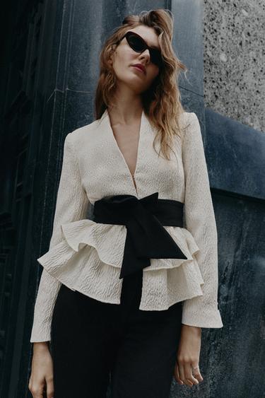 SUEDETTE BELTED BLAZER WITH RUFFLES - Oyster-white by Zara