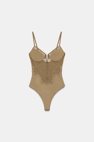 BODY POLIAMIDA ENCAJE - Verde Oliva de Zara