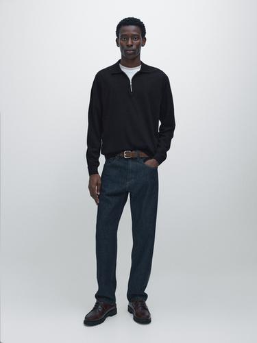 Zara Merino wool knit polo sweater - Navy blue - Image 0