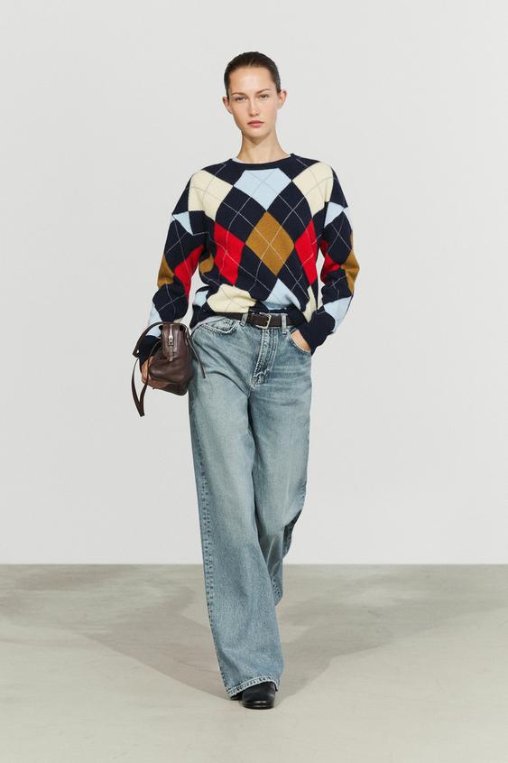 Zara 100% wool argyle knit sweater - Navy blue - Image 0