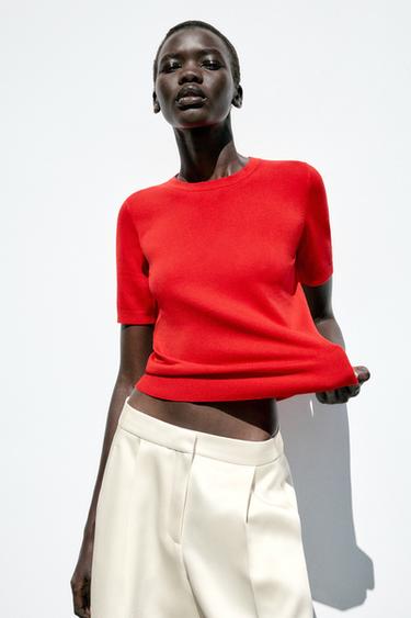Zara PLAIN KNIT BASIC SHORT SLEEVE TOP - Red