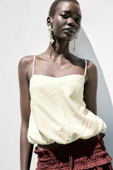 TOP GLOBO CON LINO - Amarillo de Zara