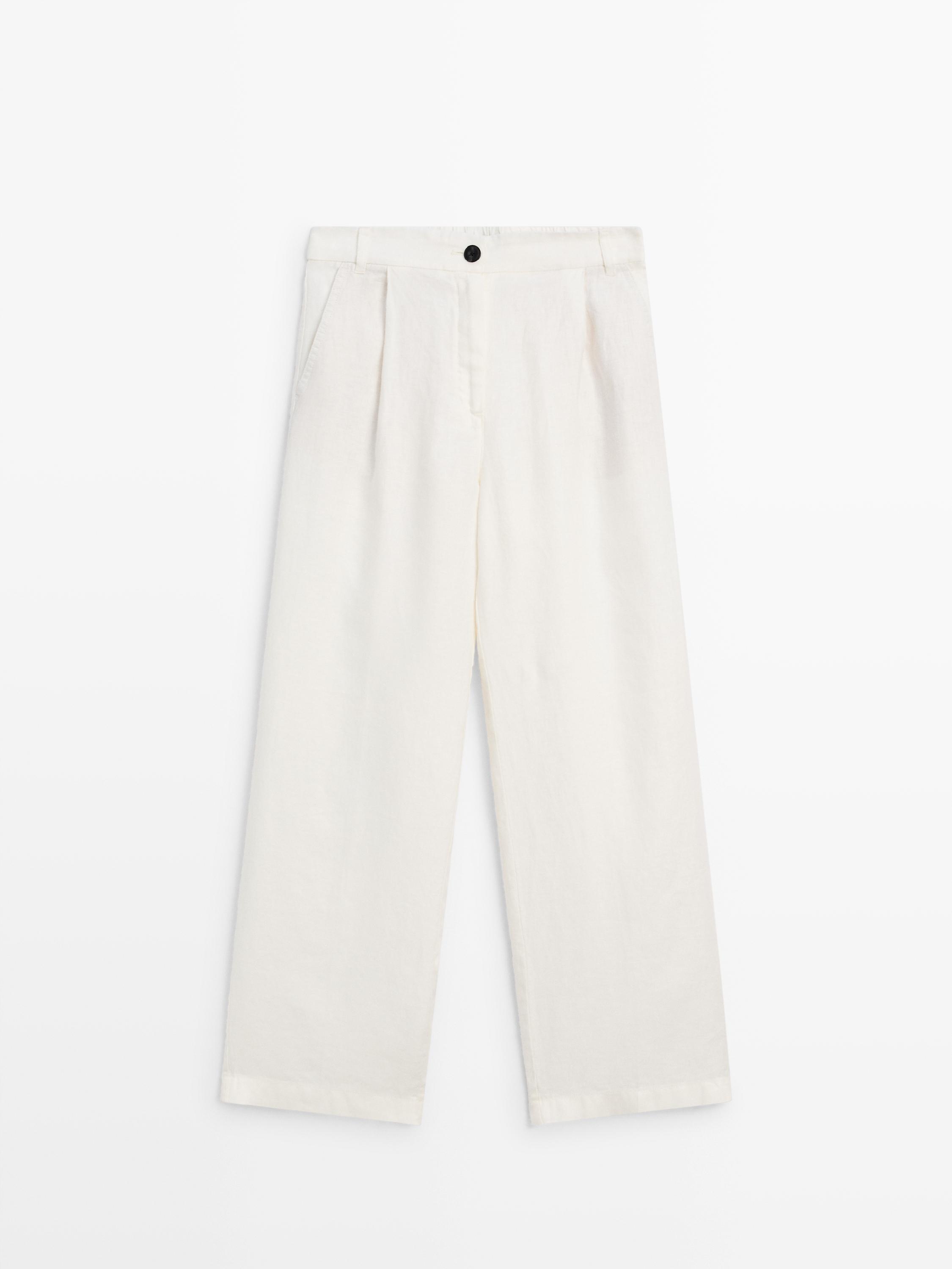 100% linen wide-leg elasticated trousers