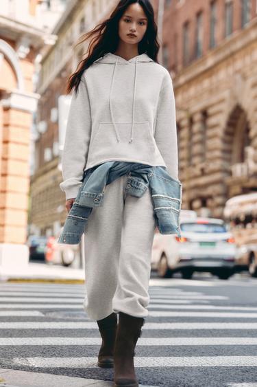 Zara 直筒版平紋針織布腰帶環長褲 - 斑紋灰色