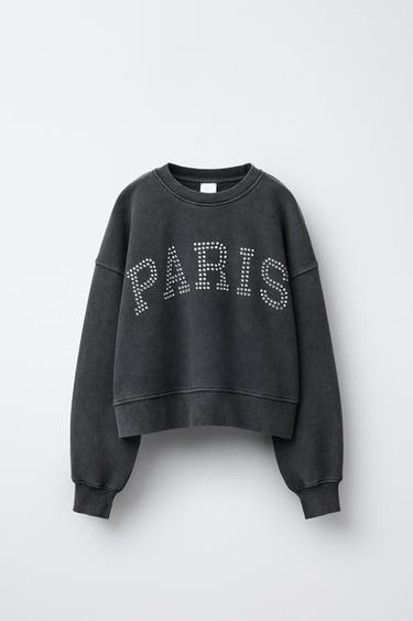 Zara WASHED EFFECT RHINESTONE SWEATSHIRT - Dark anthracite