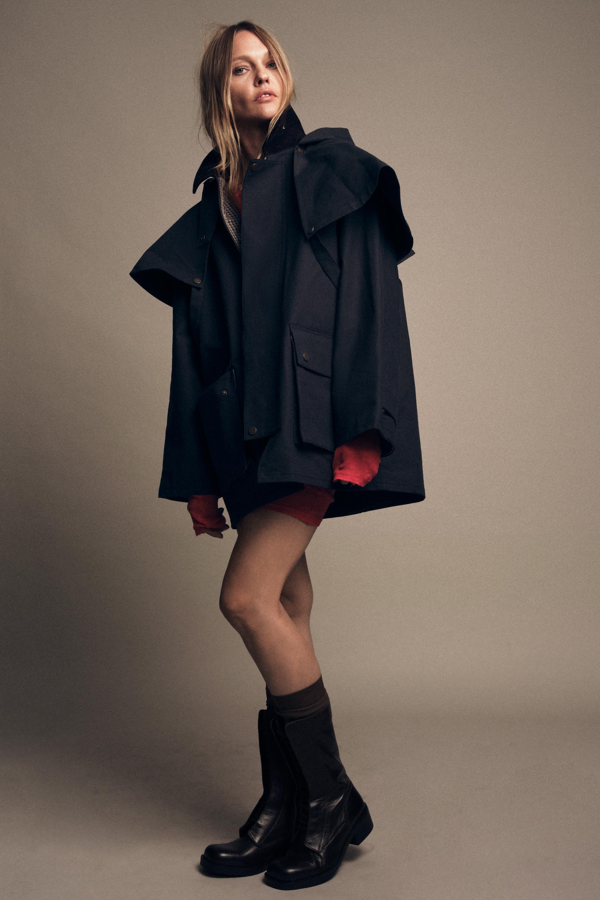 HOODED CONTRAST LAPEL TRENCH COAT ZW COLLECTION - Blue