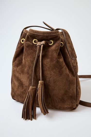 GATHERED LEATHER MINI CROSSBODY BAG — SAND/BROWN 3