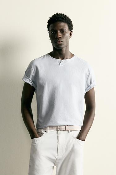 CAMISA DE DECOTE DE BOTÕES EM CÂNHAMO E ALGODÃO - Azul-celeste-claro da Zara