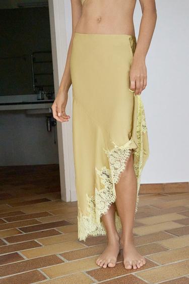 ASYMMETRIC SATIN SKIRT WITH LACE - Khaki by Zara