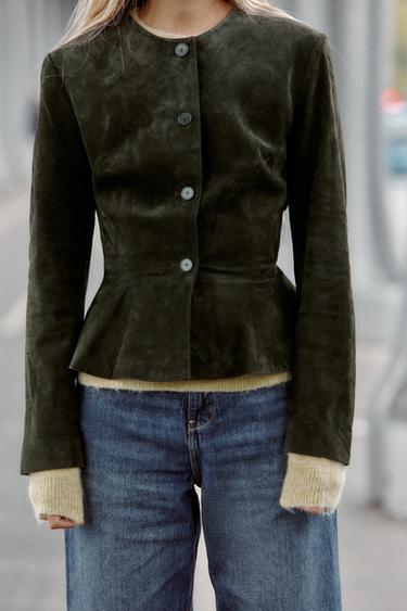 100% LEATHER JACKET WITH FLARED HEM - Khaki by Zara