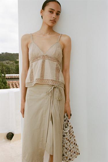 EMBROIDERED TOP - Dark beige by Zara - Image 0
