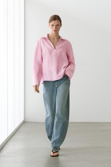 Zara 100% linen notch lapel collar blouse - Pink - Image 0