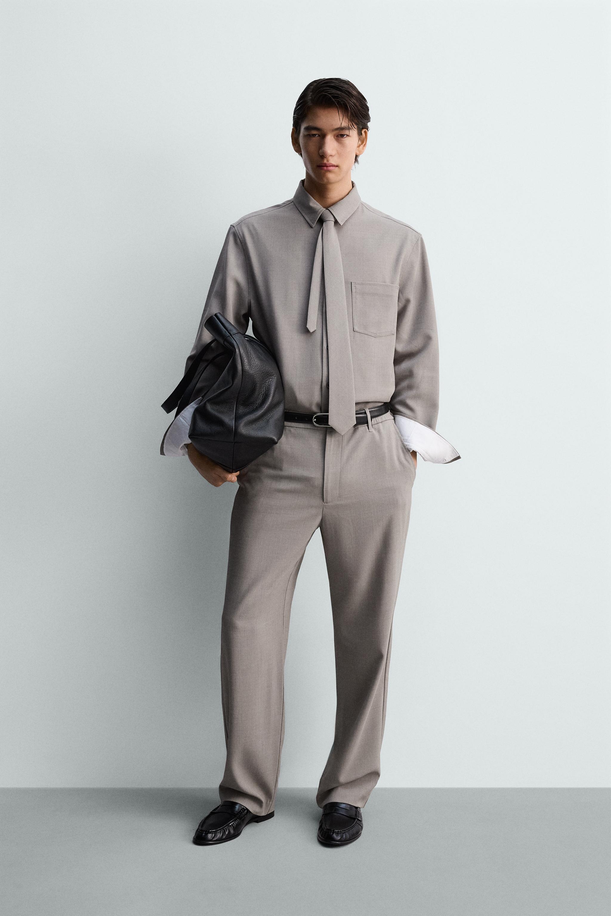 リラックスフィットコントラストネクタイシャツ - ライトグレー | ZARA