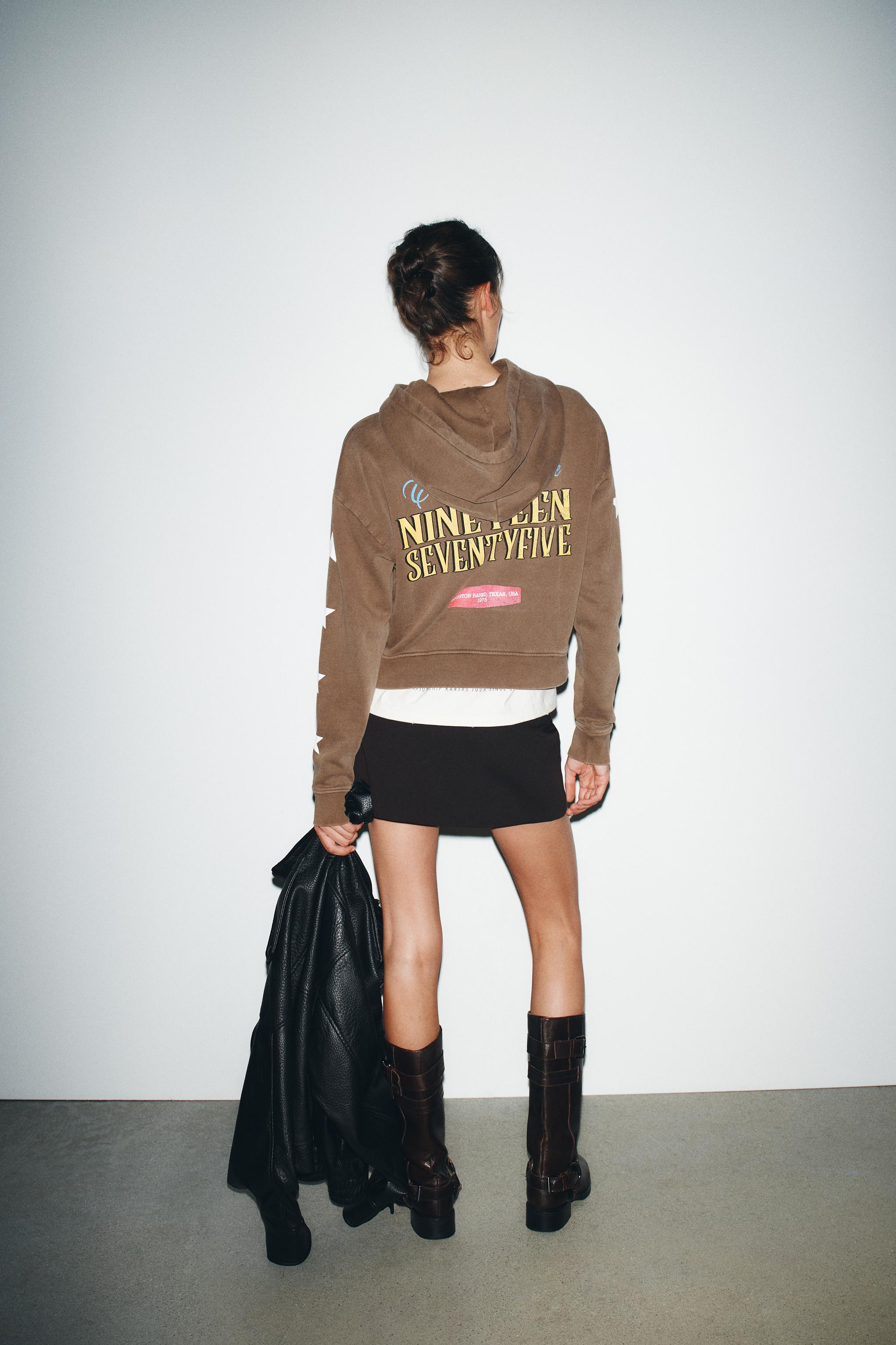 HOODED SWEATSHIRT WITH TEXT PRINT - Brown | ZARA United States