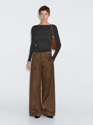Pantalón wide leg tiro alto - Beige de Zara