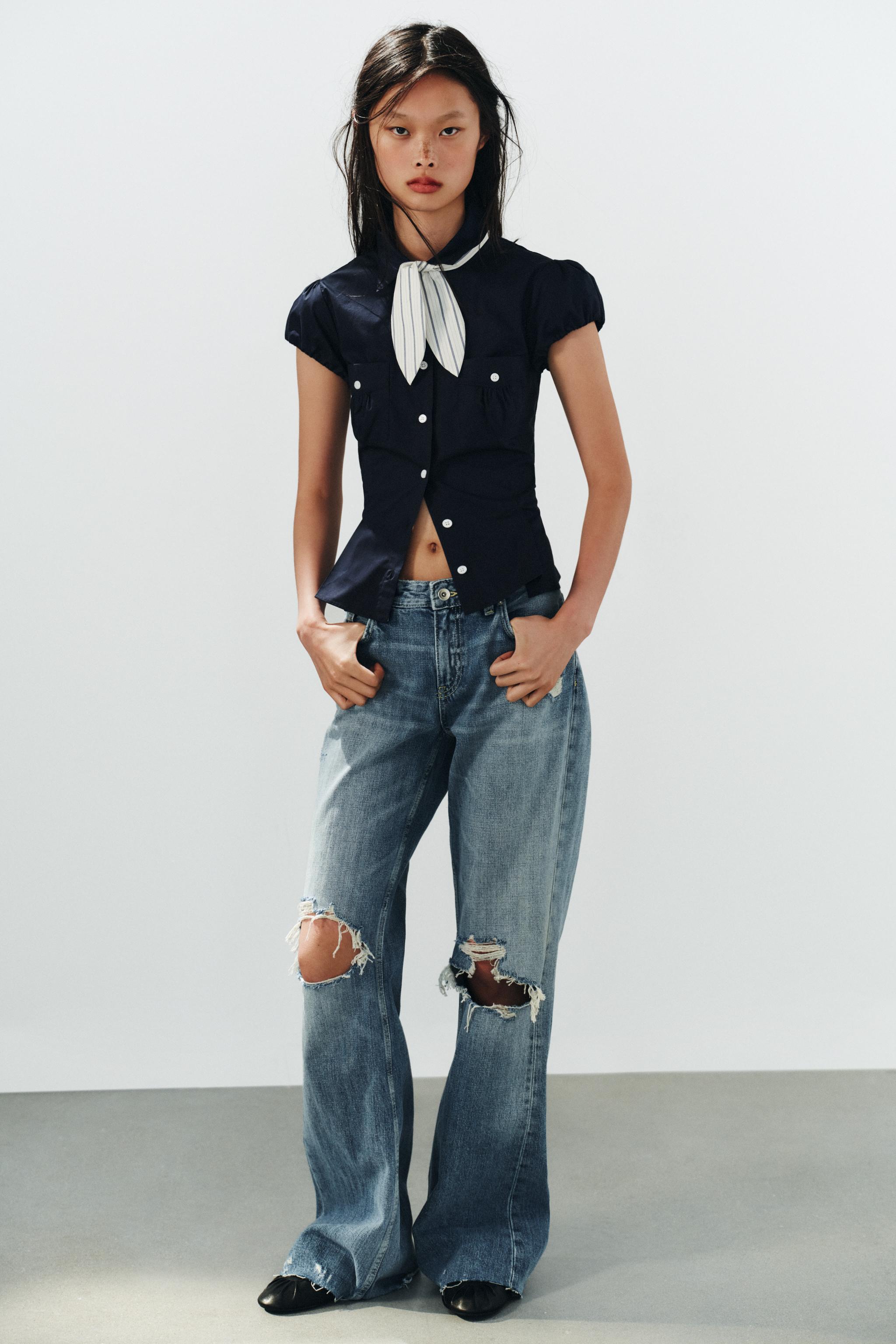 FITTED SHIRT WITH POCKETS AND SCARF DETAIL — Navy blue
